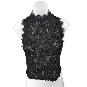 Zara Trafaluc Black Lace Mock Neck Semi Sheer Sleeveless Crop Blouse Top Size S